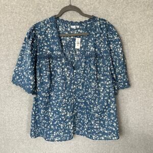 Gap Floral Blouse Size XXL Blue Button Up Ruffle V-neck Lace Cottagecore NEW
